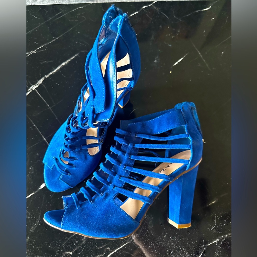Eva and Zoe Caged Velvet Blue Heels (9)